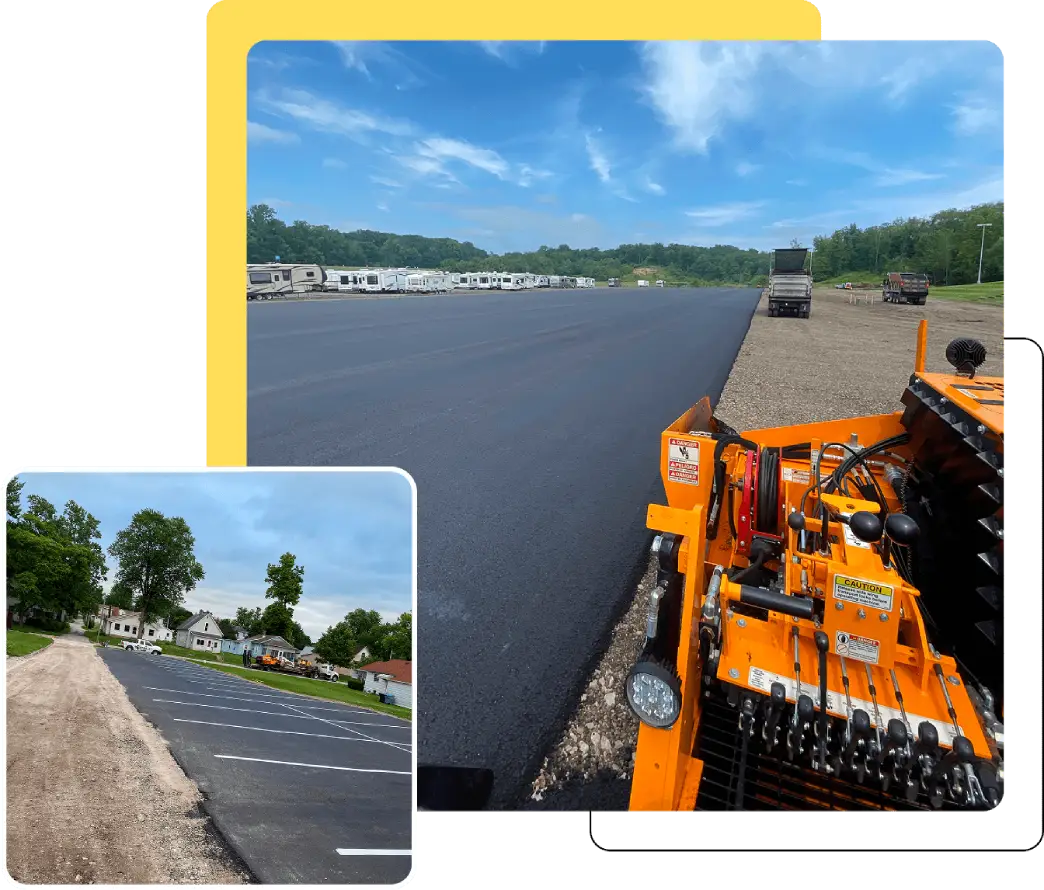 Asphalt paving in progress with machinery.